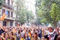 BARCELONA, SPAIN - OCTOBER 18, 2019: A crowd of peope standing on Placa Catalunia during protests in Catalonia. Pro-Catalan