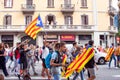 BARCELONA, SPAIN - OCTOBER 18, 2019: A crowd of peope standing on Placa Catalunia during protests in Catalonia. Pro-Catalan