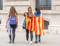 BARCELONA, SPAIN - OCTOBER 3, 2017: Demonstrators bearing catalan flags during protests for independence in Barcelona.