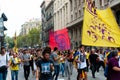 Barcelona, Spain - 14 october 2019: independentists march in laietana streets against the sentencing of catalan leaders holding