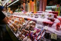 BARCELONA, SPAIN - OCTOBER 15, 2018: La Boqueria market in Barcelona. Exotic fruit and a lot of people. National spanish