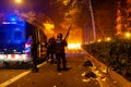 Barcelona, Spain - 18 october 2019: mossos d`esquadra catalan police with guns confront with protesters at night during clashes