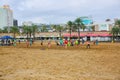 BARCELONA, SPAIN - OCTOBER 15, 2018: People are playing volleyball at the Barceloneta beach. Spanish vacation in Barcelona