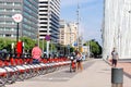 People using the public bicycle rental service, bicing in the city of barcelona Royalty Free Stock Photo