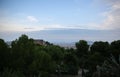 BARCELONA, SPAIN - OCTOBER 15, 2018:  View on Barcelona from Park Guell. Beautiful architecture. Evening sunset panorama Royalty Free Stock Photo