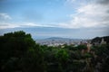 BARCELONA, SPAIN - OCTOBER 15, 2018:  View on Barcelona from Park Guell. Beautiful architecture. Evening sunset panorama Royalty Free Stock Photo