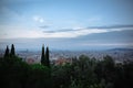 BARCELONA, SPAIN - OCTOBER 15, 2018: View on Barcelona from Park Guell. Beautiful architecture. Evening sunset panorama