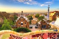 Barcelona, Spain: Park Guell. View of the city from Park Guell in Barcelona sunrise. Park Guell by architect Antoni Gaudi