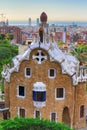 Barcelona, Spain: Park Guell. View of the city from Park Guell in Barcelona sunrise. Park Guell by architect Antoni Gaudi. Casa Royalty Free Stock Photo