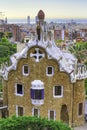 Barcelona, Spain: Park Guell. View of the city from Park Guell in Barcelona sunrise. Park Guell by architect Antoni Gaudi Royalty Free Stock Photo