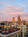 Barcelona, Spain - Rooftoops view in Barcelona, at beautiful pink sunrise, Spain