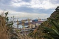 Barcelona, Spain - September 22, 2021: Aerial view to the Europe South Terminal Container Port. A ship is lying at the pier and is Royalty Free Stock Photo