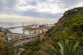 Barcelona, Spain - September 22, 2021: Aerial view to the Europe South Terminal Container Port. A ship is lying at the pier and is Royalty Free Stock Photo