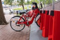 Barcelona, Spain - September 21, 2021: Bike rack for rental bicycles in Barcelona. Bicycle hire parking, bikes for rent in