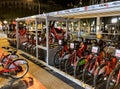 A maintenance trailer delivers bikes to a downtown rental station in Barcelona, Spain. Bicycles are popular in the city.