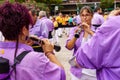 Barcelona, Spain-September 11, 2022. Musicians in the street playing the Gralla, dulzaina, a wind instrument made of wood with a