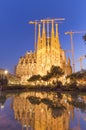 Sagrada Familia cathedral under construction in Barcelona, Spain. wide view at night Royalty Free Stock Photo