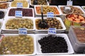 Barcelona, Spain - september 30th 2019: Assortment of olives on La Boqueria Market stand