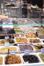 Barcelona, Spain - september 30th 2019: Assortment of olives on La Boqueria Market stand