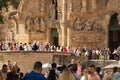 BARCELONA, SPAIN - September 25th, 2018: Tourists standing in line to enter Sagrada Familia church, Antonio Gaudi`s architectural