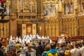 Barcelona, Spain - September 21, 2021: View of singing children in the Holy Mass in the Basilica of Montserrat