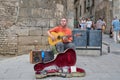 04.08.2023. Barcelona, Spain, street guitarist playing in the square of the cathedral of Barcelona