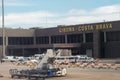 Barcelona, Spain terminal and sign view of Girona Costa Brava airport from inside airplane.