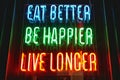Barcelona, Spain - 28th August 2019: Motivation inspirational quote: eat better, be happier, live longer restaurant poster