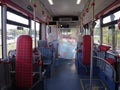 Inside an empty public bus, they put plastic for coronavirus protection