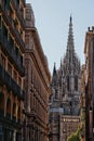 Barcelona, Spain - 26th October 2019: Barcelona Cathetral view from narrow street at sunrise Royalty Free Stock Photo