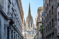 Barcelona, SPAIN - 10/23/2020: gothic cathedral view from narrow city street