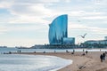 Barceloneta Beach with view of the iconic Hotel W, Barcelona Royalty Free Stock Photo