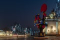 BARCELOS, PORTUGAL - CIRCA JAUARY 2019: View at the Pop Galo at night, public art inspired in the Barcelos cock, cosidered one of