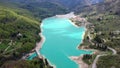 Barcis Lake in a panoramic aerial view from above during sunny day at Valcellina