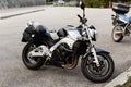 Barcis, Pordenone, Italy - August 12, 2018: A motorcycle is parked in a parking lot