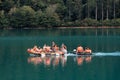 Barcis, Pordenone, Italy - August 12, 2018: people float on the lake in boats