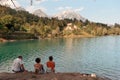 Barcis, Pordenone, Italy - August 12, 2018: people relax on the picturesque lakeside