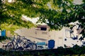 Barcis, Pordenone, Italy a picturesque place camping tourist parking by cars and bicycles Royalty Free Stock Photo