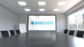 Barclays logo on the screen in a meeting room. Editorial 3D animation