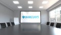 Barclays logo on the screen in a meeting room. Editorial 3D rendering