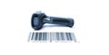 Barcode concept. Retail label barcode scan. Reader laser scanner for warehouse isolated on white background. Warehouse