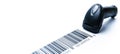 Barcode concept. Retail label barcode scan. Reader laser scanner for warehouse isolated on white background. Warehouse
