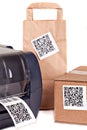 Barcode printer and packaging boxes marked with a bar code Royalty Free Stock Photo