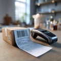 Barcode scanner readies to process package label in a busy workspace filled with sorting equipment Royalty Free Stock Photo