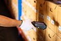 Barcode scanner reader. A barcode scan products stored in the warehouse. With modern warehouse management technology businesses