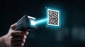 Barcode scanner scanning digital QR code with blue light beam in dark background, technology concept Royalty Free Stock Photo