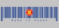 Barcode set the color of Asean flag, ten yellow paddy or rice stalks are drawn in the middle on blue field. text: Made in Asean.