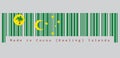 Barcode set the color of Cocos Keeling Islands flag, a palm tree on a gold disc, crescent and southern cross on green.