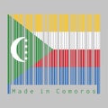 Barcode set the color of Comoros flag, yellow white red and blue with green chevron, crescent and star