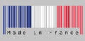 Barcode set the color of France flag, the blue white and red color on grey background with text: Made in France. Royalty Free Stock Photo